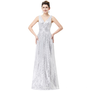 Kate Kasin Sexy sin mangas de cuello en V de plata brillante Long Sequined vestido de fiesta de baile KK000199-3